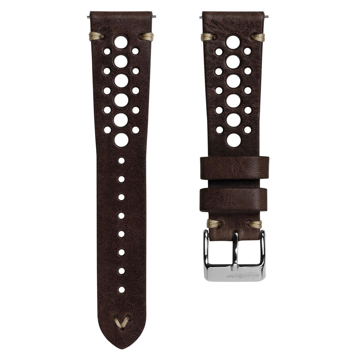 WatchGecko V-Stitch Italian Leather Perforated Watch Strap - Chocolate Brown