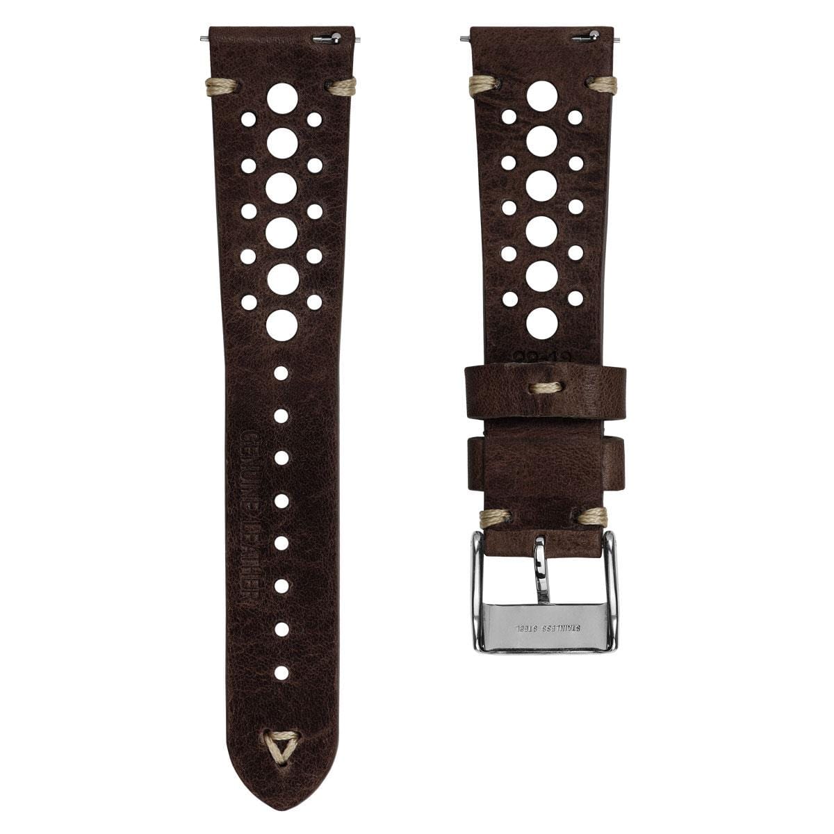 WatchGecko V-Stitch Italian Leather Perforated Watch Strap - Chocolate Brown