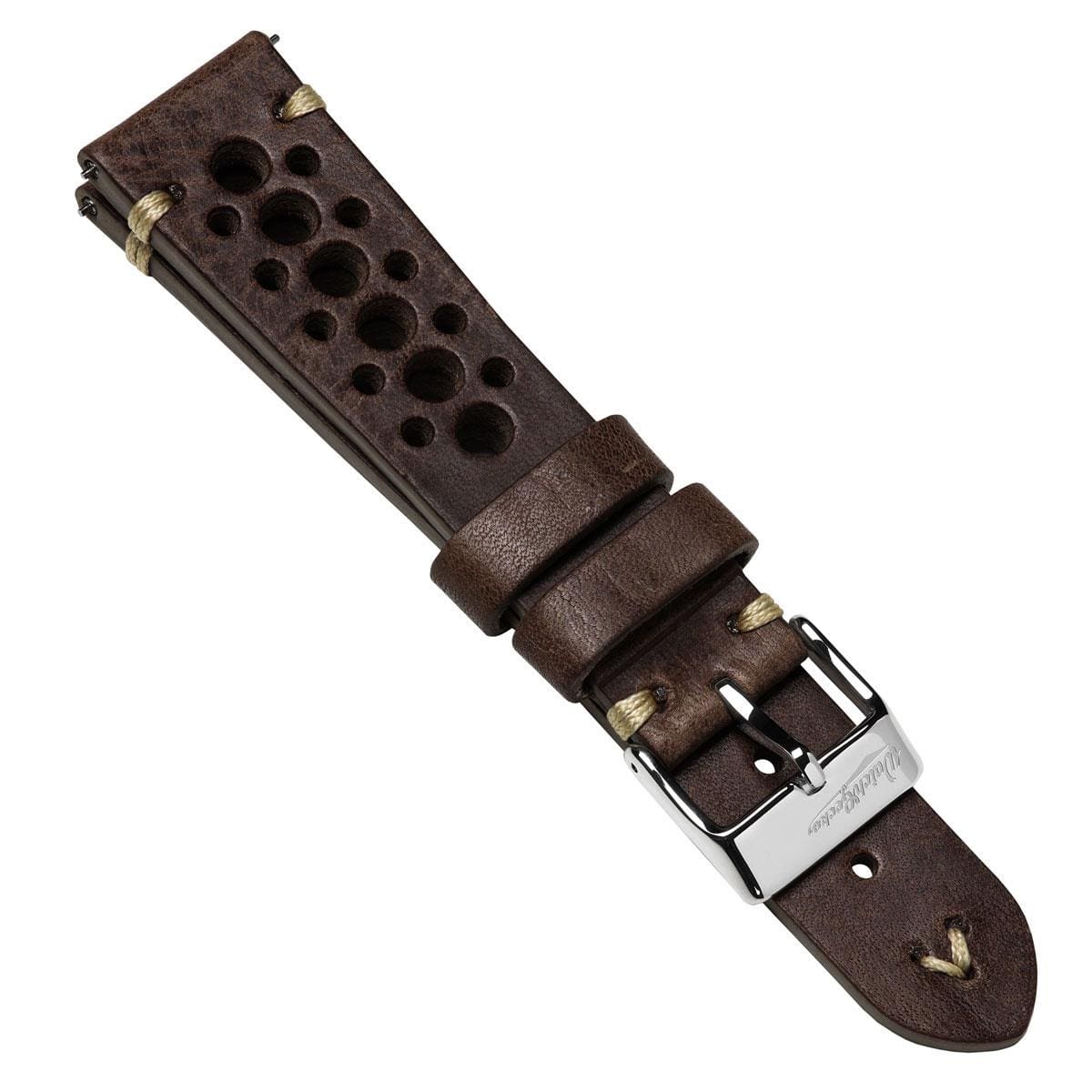 WatchGecko V-Stitch Italian Leather Perforated Watch Strap - Chocolate Brown