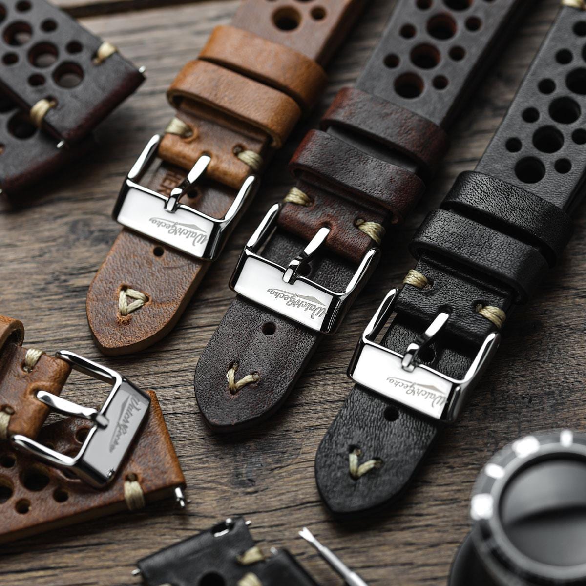 WatchGecko V-Stitch Italian Leather Perforated Watch Strap - Chocolate Brown