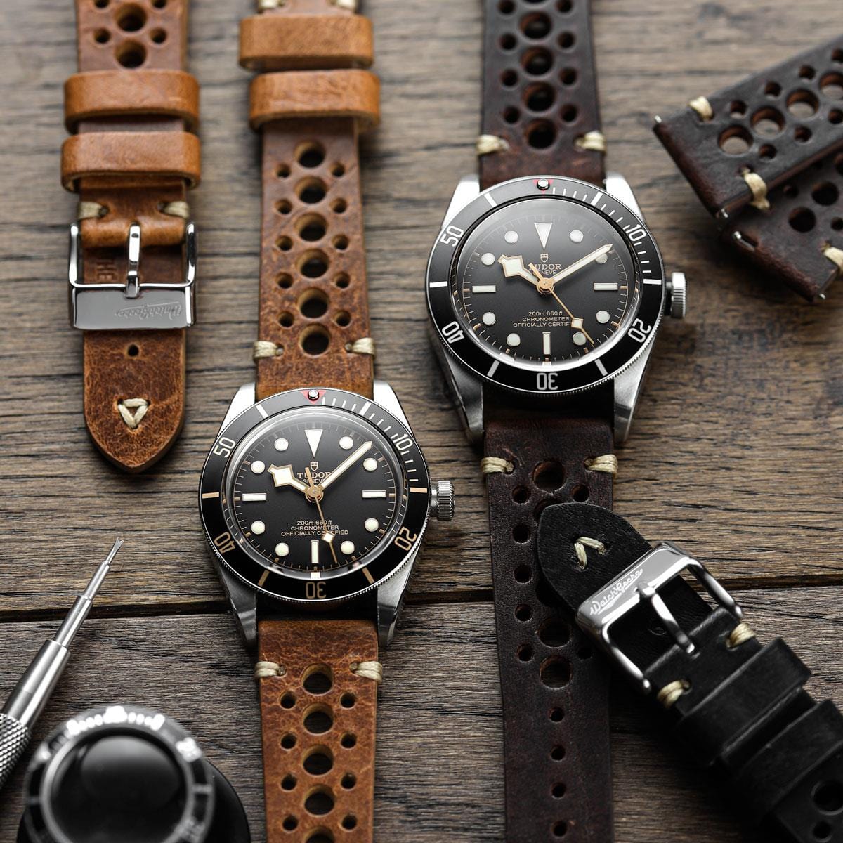 WatchGecko V-Stitch Italian Leather Perforated Watch Strap - Chocolate Brown