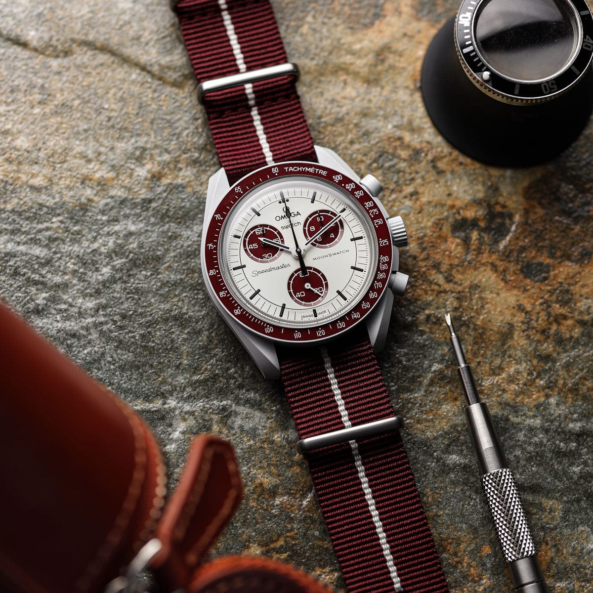 ZULUDIVER 1973 British Military Watch Strap: CADET Marine Nationale - Burgundy & White