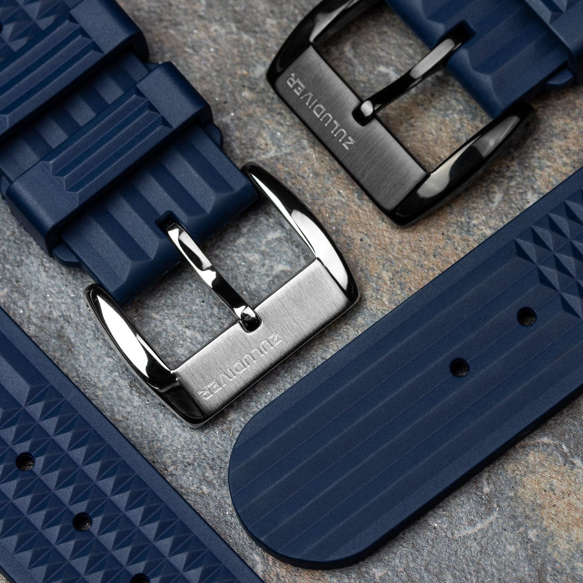 ZULUDIVER Seacroft Waffle FKM Rubber Dive Watch Strap (MkII) - Blue - Brushed Buckle