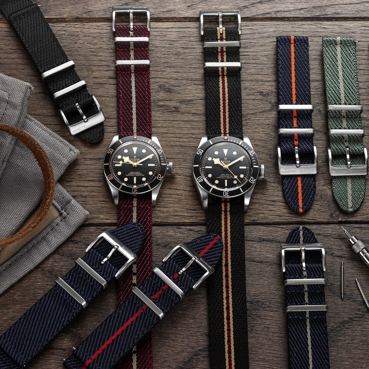 ZULUDIVER Seasalter Two-Piece Military Nylon Watch Strap - Black, Blue, & Orange