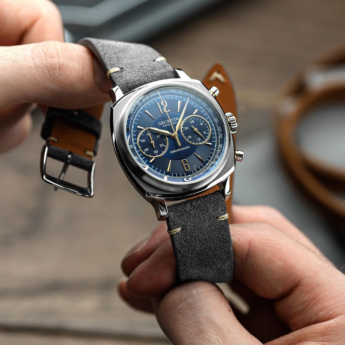 Geckota Ensign Blue and Gold Chronograph Grey Suede Strap - NEARLY NEW