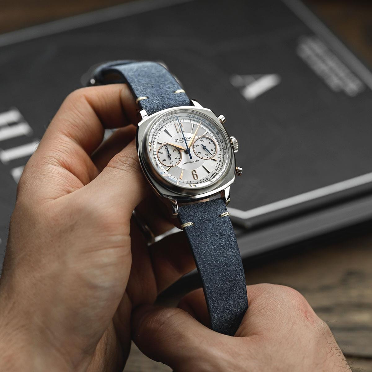 Geckota Ensign Silver and Rose Gold Chronograph - Blue Suede Strap - NEARLY NEW