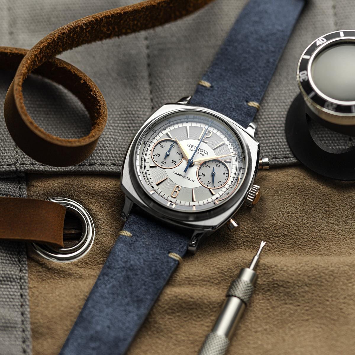Geckota Ensign Silver and Rose Gold Chronograph - Blue Suede Strap - NEARLY NEW