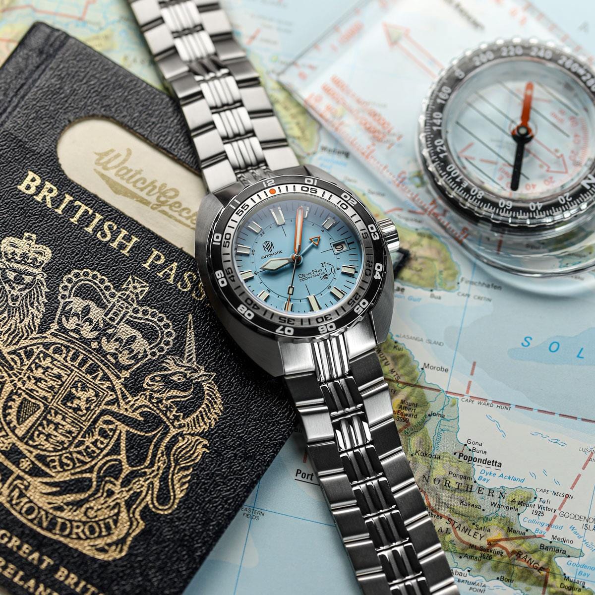 NTH DevilRay GMT - Light Blue - Stainless Steel Bracelet - WatchGecko Exclusive