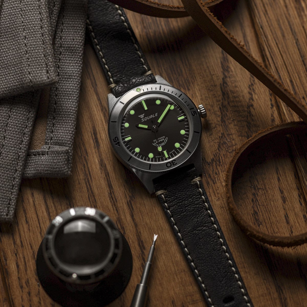 Super Squale - Sunray Black Dial, Black Leather Strap