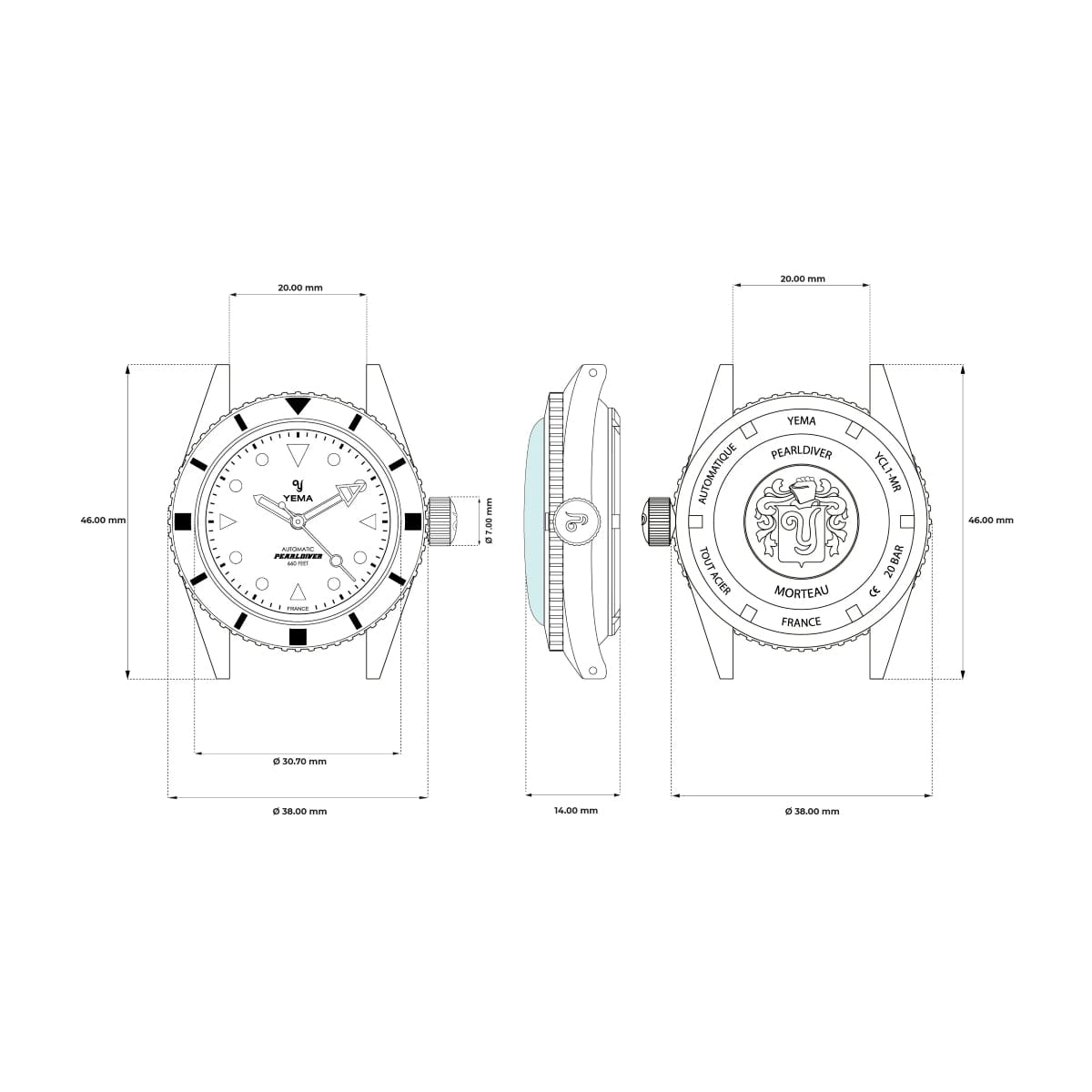 Yema Pearldiver Automatic Divers Watch - Black Dial - 38mm Technical Drawing