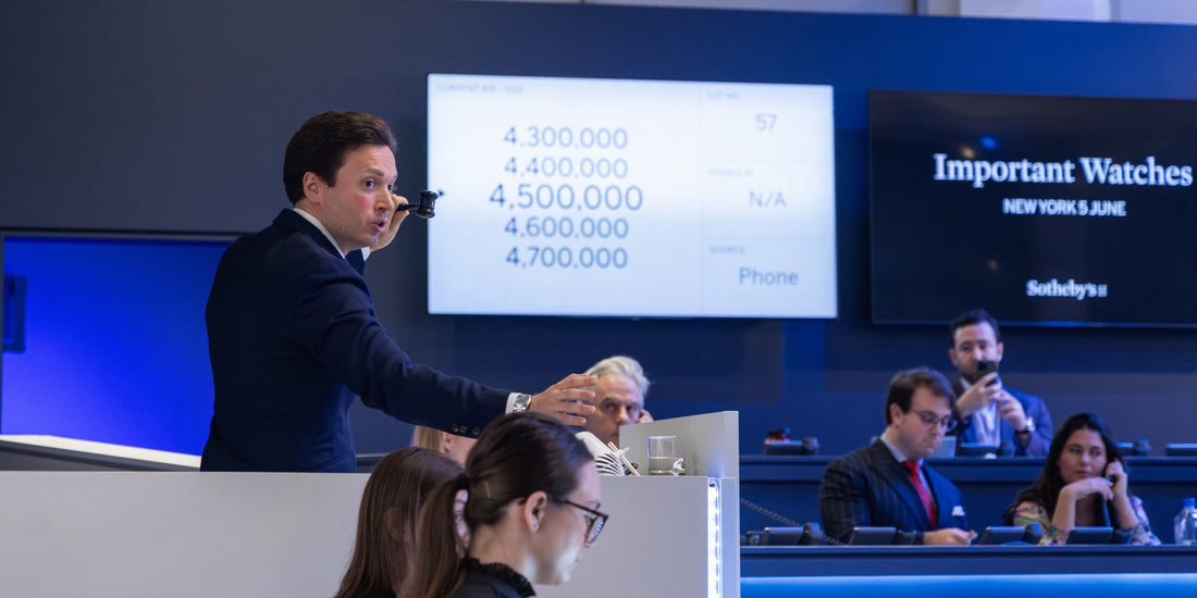 Auction Room Photo. Sothebys New York. Benoit Colson auctioneering Sylvester Stallones Grandmaster Chime.