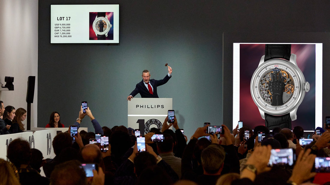 Aurel Bacs at Phillips New York auctioneering the record-breaking F.P.Journe, FFC Prototype wristwatch. Photo courtesy of Phillips.