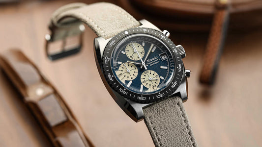 Sorrel Alcantara® Watch Strap on Nivada x WatchGecko Autochron. Credit - WatchGecko
