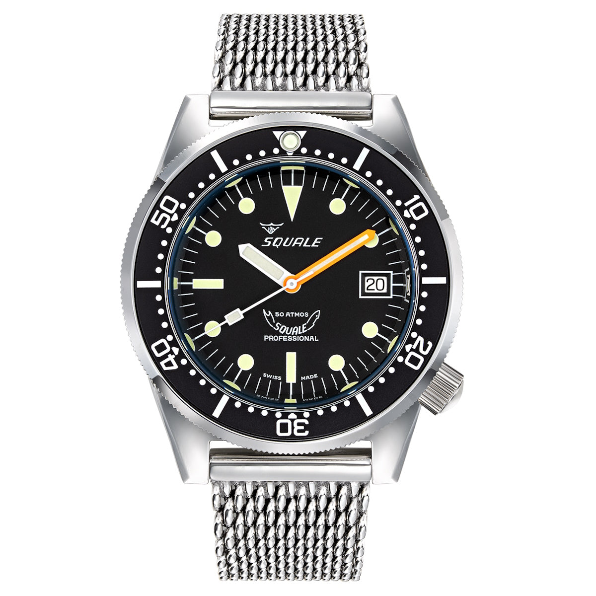 Squale 1521 Diver's Watch Black Dial Polished Case - Mesh Bracelet