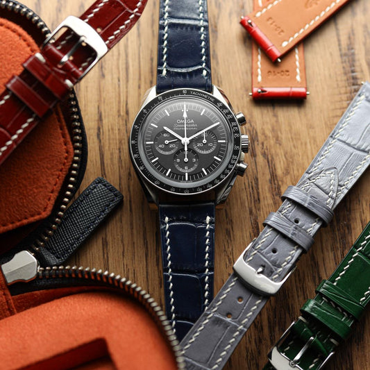 Arnhem Gator Print Genuine Leather Watch Strap - Navy Blue