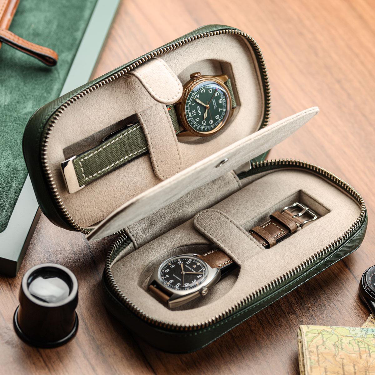 WatchGecko Dual Travel Watch Case - Green / Beige