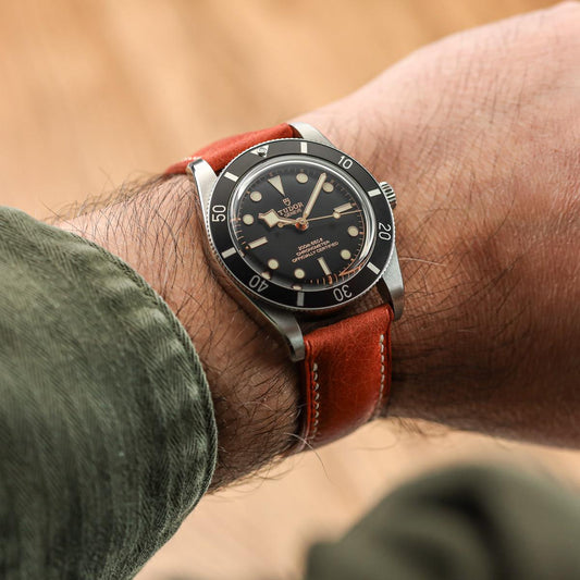Lerano Tuscan Padded Leather Watch Strap - Rust on Tudor Black Bay 58
