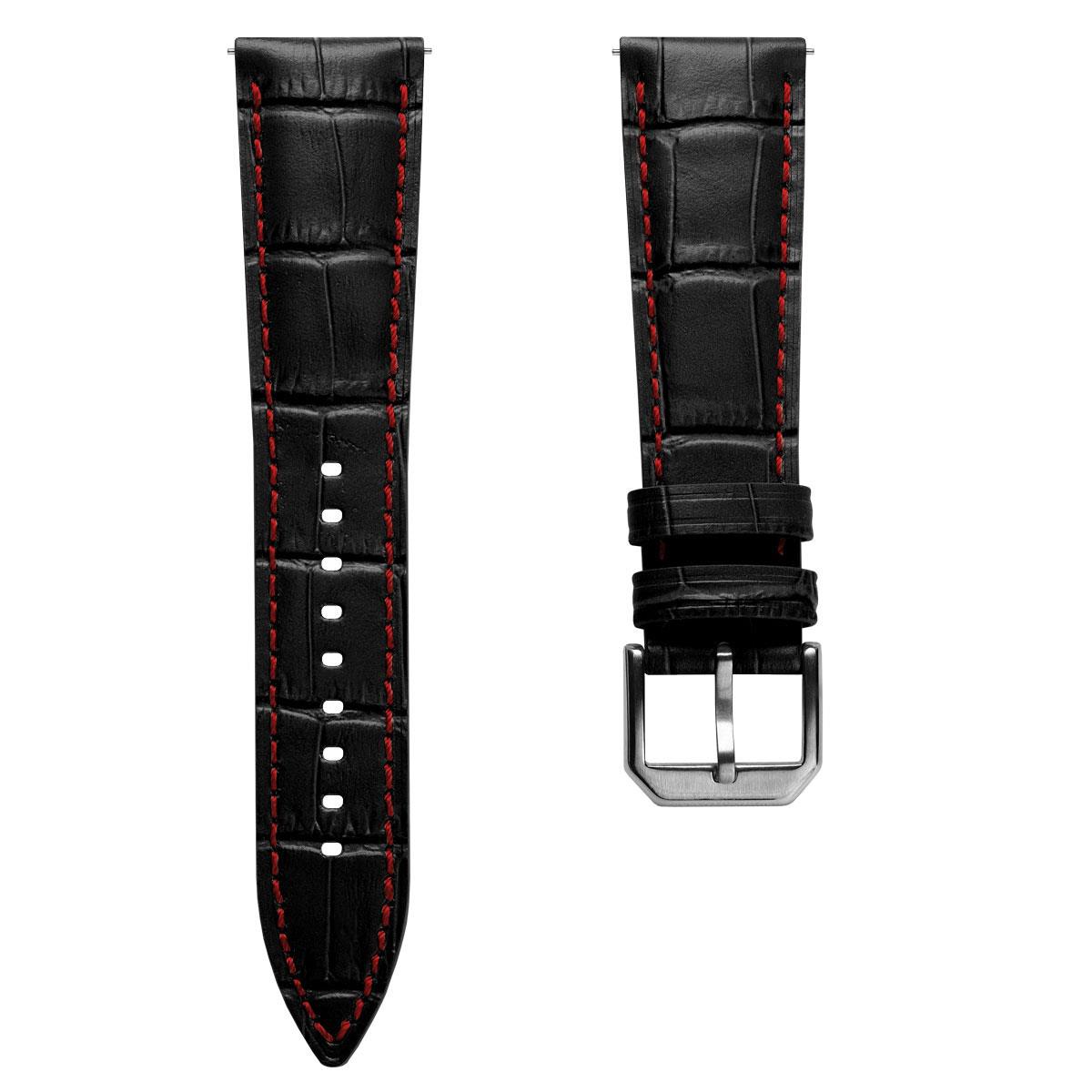 Carolina Gator Print Genuine Leather Watch Strap - Black / Red Stitching