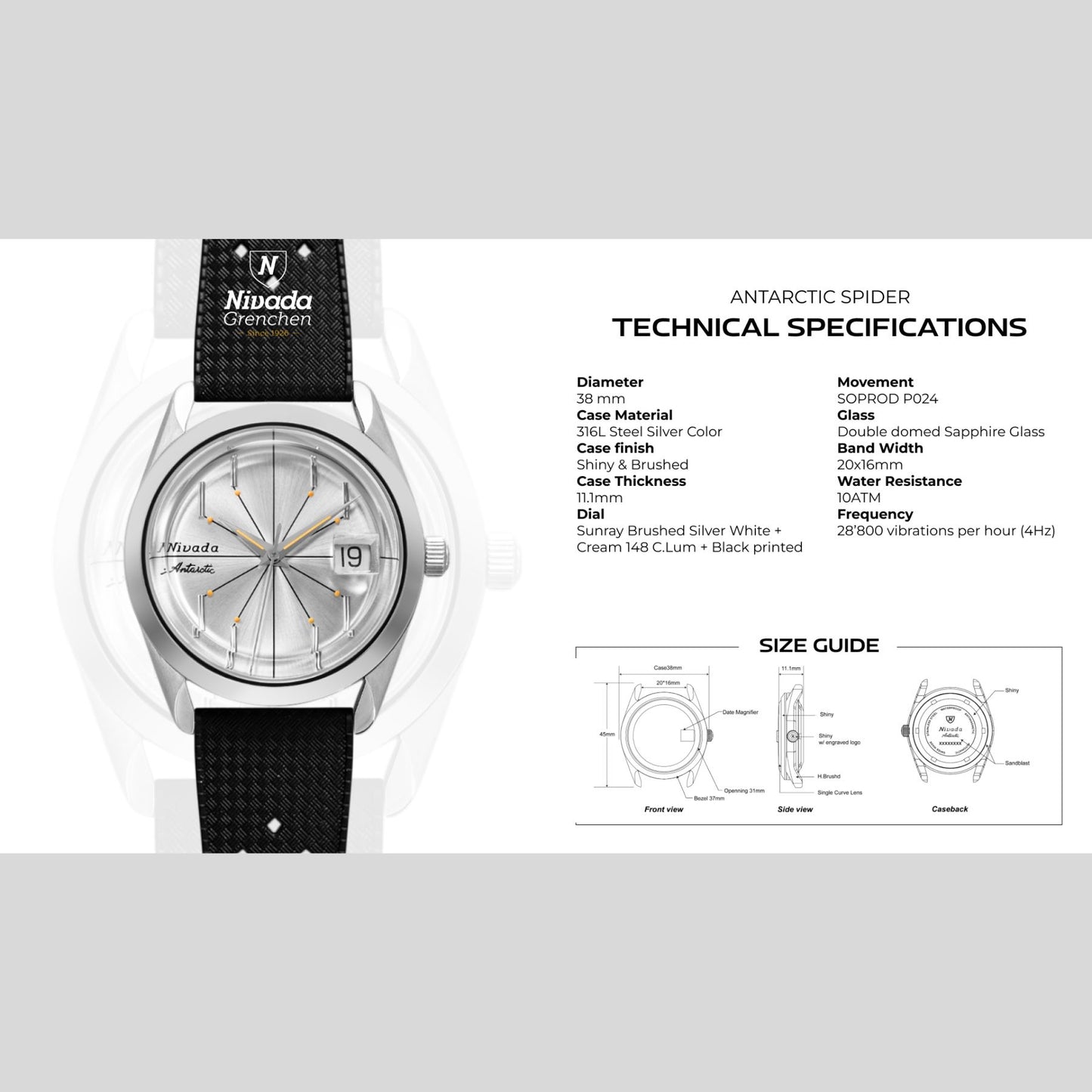 Nivada Grenchen Antarctic Spider Silver - 38mm - Beads of Rice