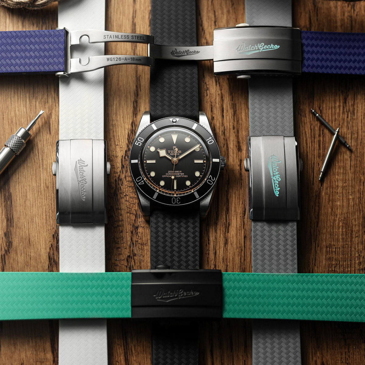WatchGecko 400 Italian Rubber Divers Reversible Watch Strap - Black - Brushed / Polished