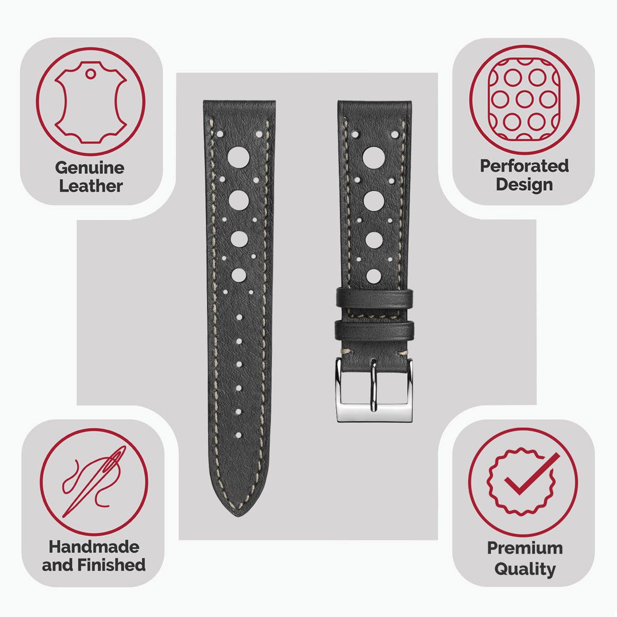 Boutsen Racing Handmade Leather Watch Strap - Platinum