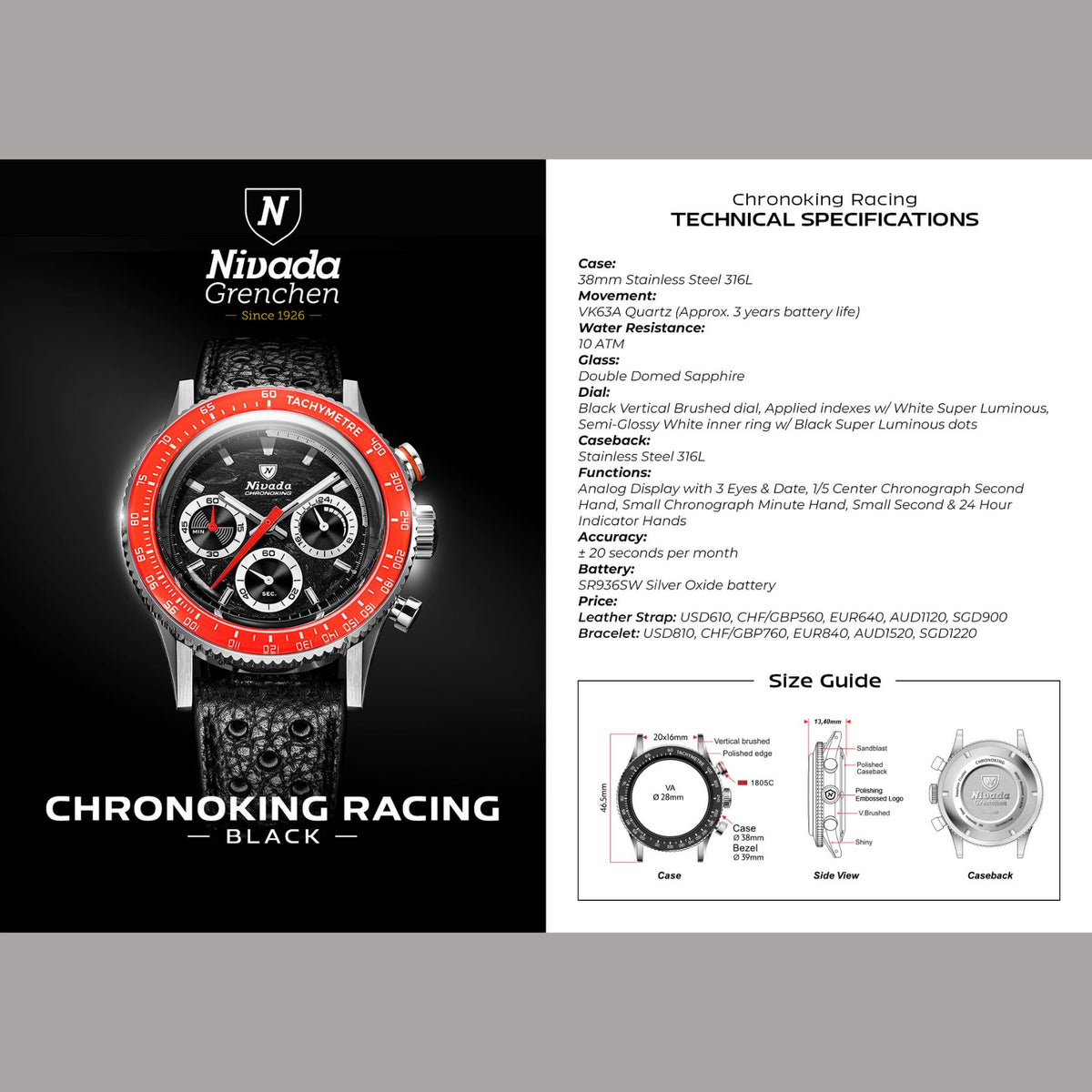 Nivada Grenchen Chronoking Mecaquartz Racing Black - 38mm - Beads of Rice