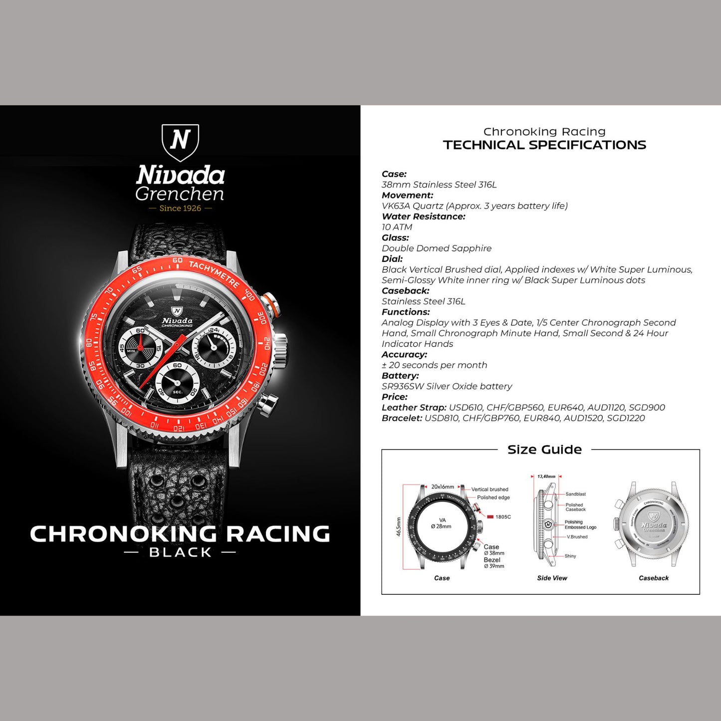 Nivada Grenchen Chronoking Mecaquartz Racing Black - 38mm - Beads of Rice