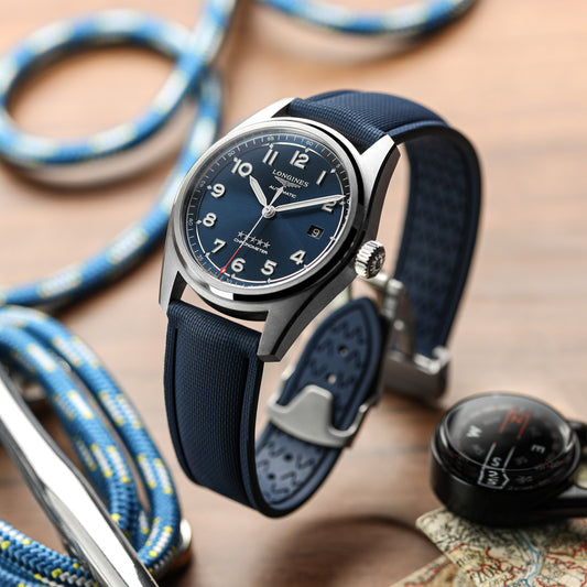 Endurance Rubber Deployant Watch Strap - Captain’s Blue on Longines Spirit