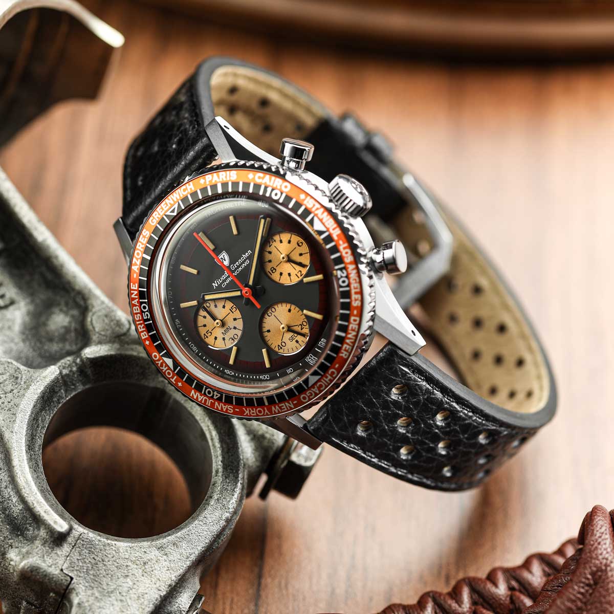 Nivada Grenchen Chronoking Racing II Black Amber - Black Racing Strap