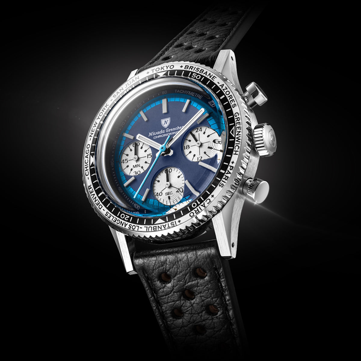 Nivada Grenchen Chronoking Racing II Blue Lagoon - Black Racing Strap