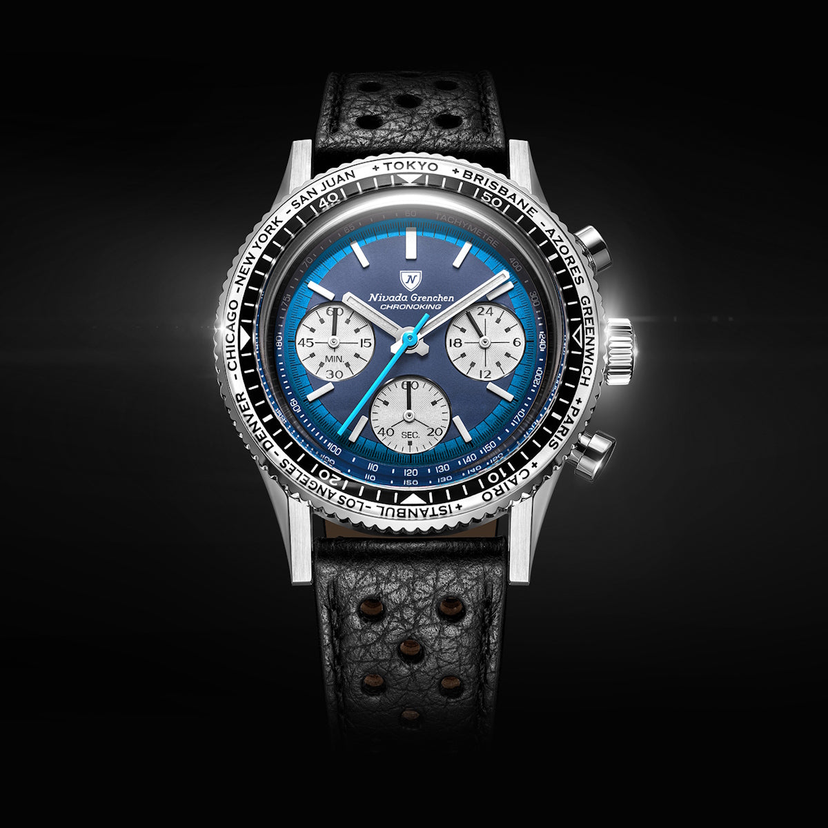 Nivada Grenchen Chronoking Racing II Blue Lagoon - Black Racing Strap