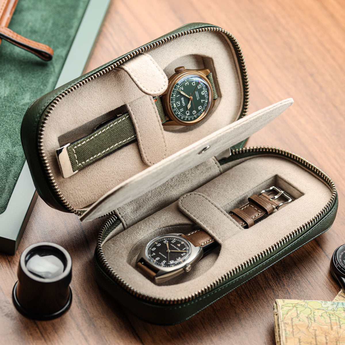 WatchGecko Dual Travel Watch Case - Green / Beige