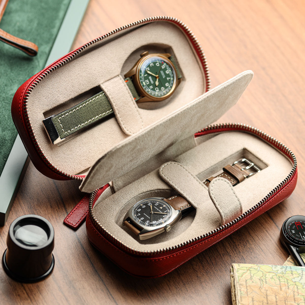 WatchGecko Dual Travel Watch Case - Green / Beige