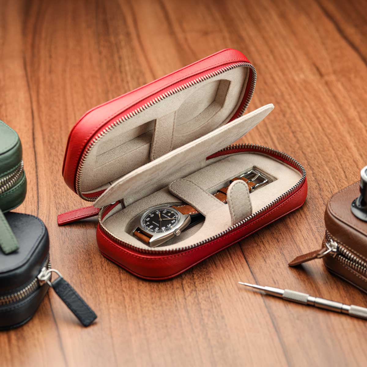 WatchGecko Dual Travel Watch Case - Green / Beige