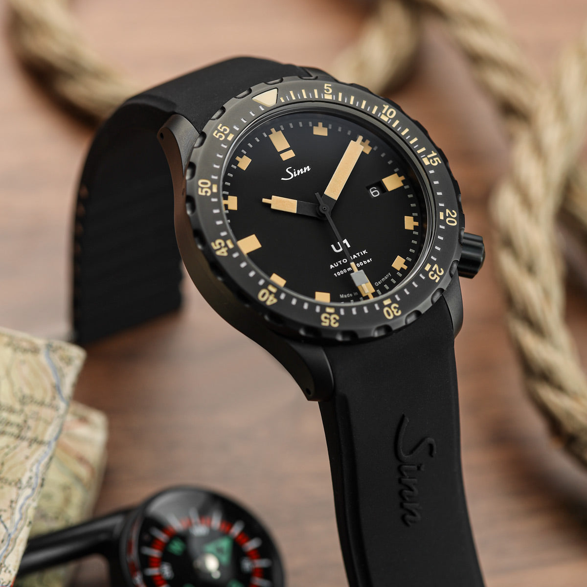 Sinn U1 S E Black Divers Watch - Black Dial - Silicone Strap