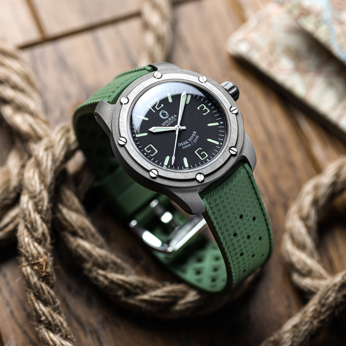 Vintage Style Perforated Rubber Watch Strap - Green