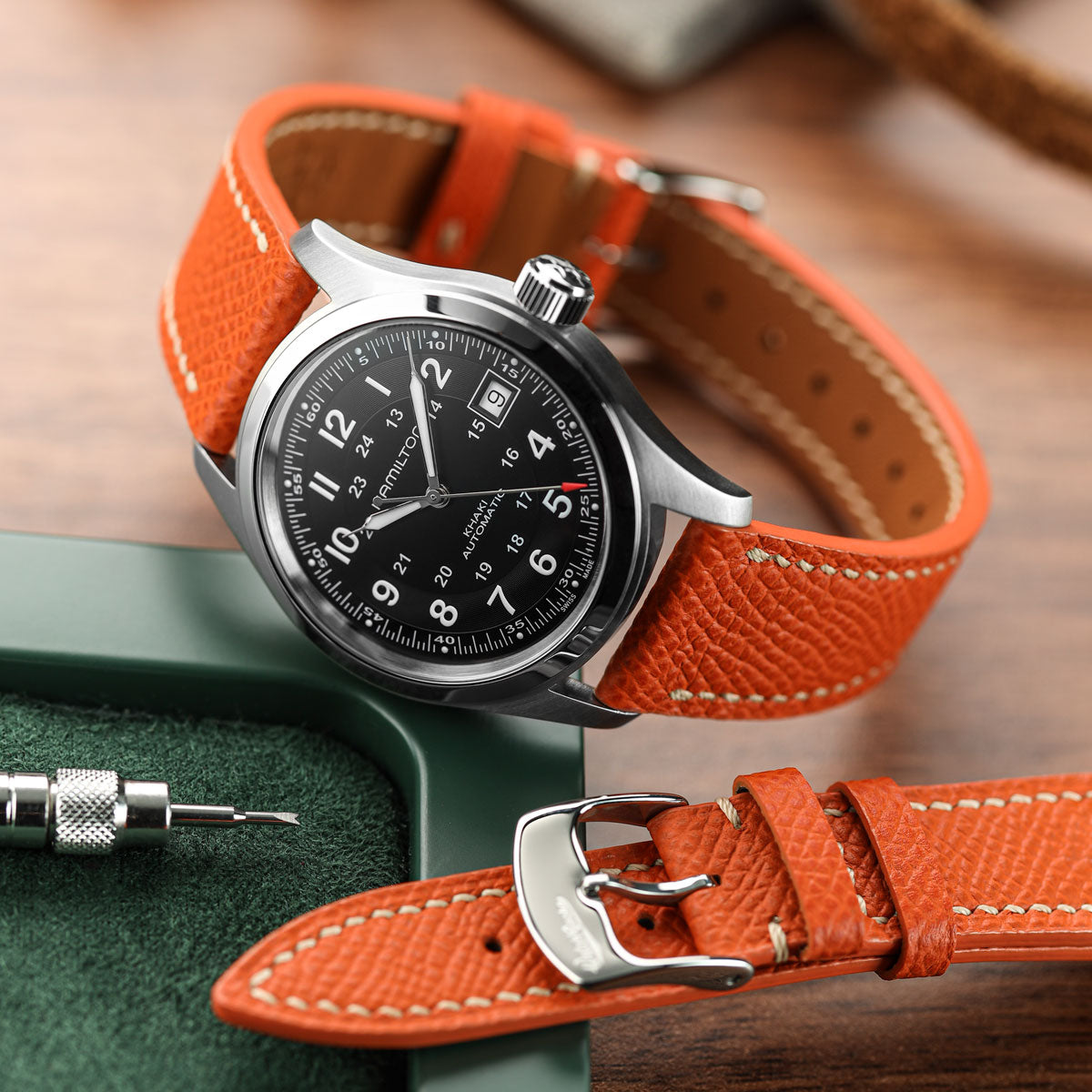 Hanley Textured Epsom Hand-Stitched Leather Watch Strap  - Orange