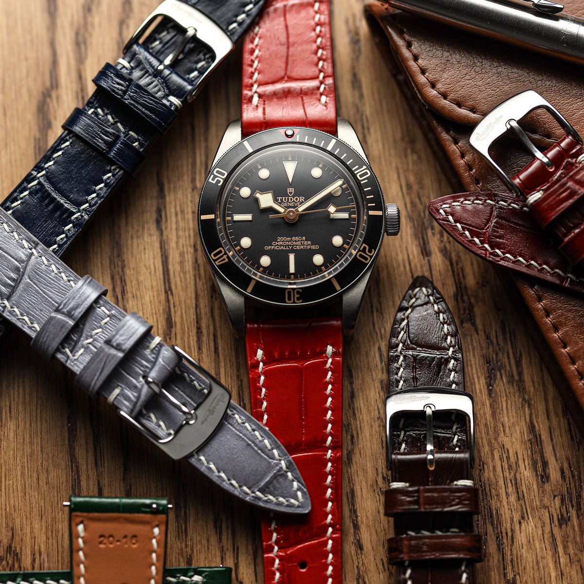 Arnhem Hand-Stitched Calf Leather Watch Strap - Alligator Print Chestnut Brown