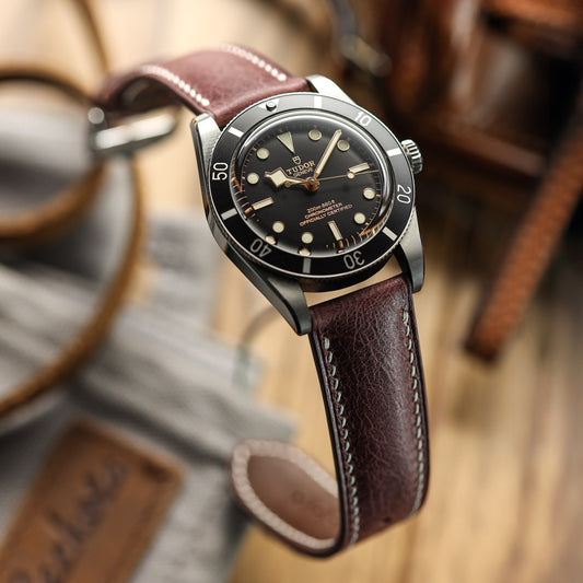 Lerano Tuscan Padded Leather Watch Strap - Bordeaux on Tudor Black Bay 58