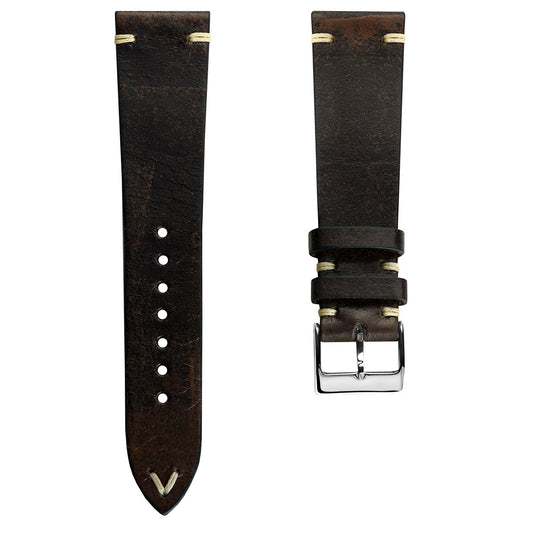 Radstock Vintage V-stitch Genuine Leather Watch Strap - Dark Brown