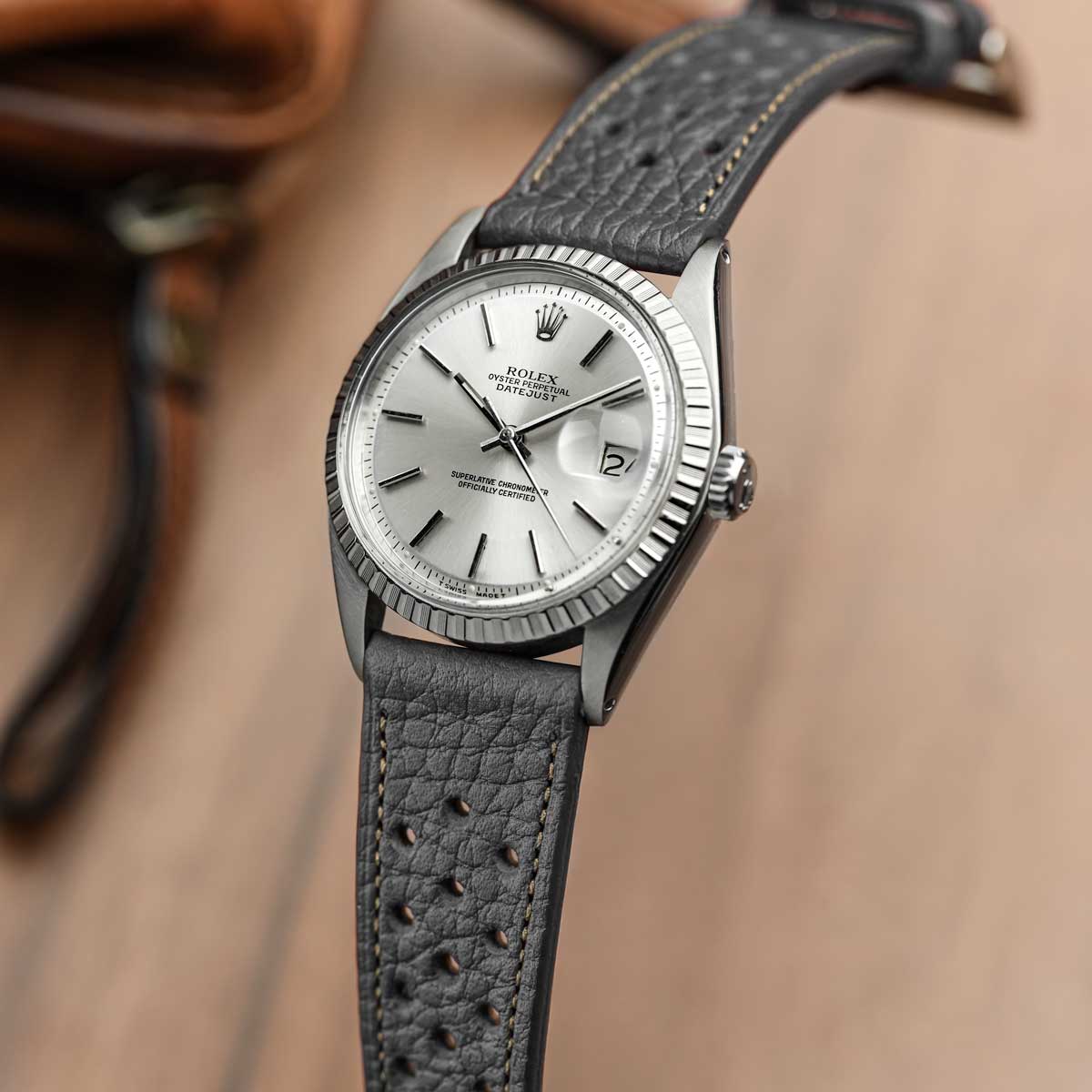 Ashdown Togo Leather Racing Watch Strap - Grey / Beige