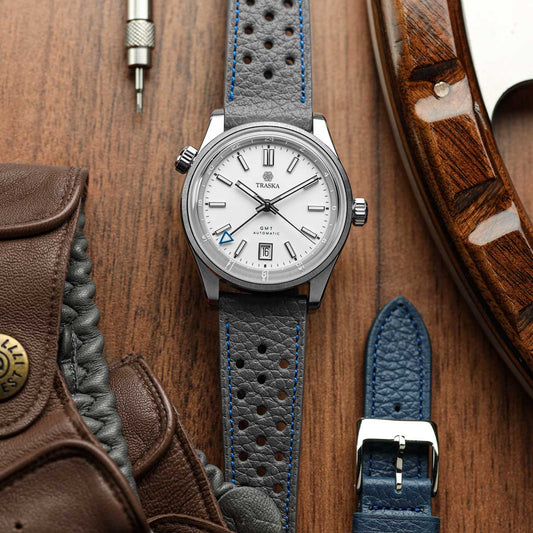 Ashdown Togo Leather Racing Watch Strap - Grey / Blue