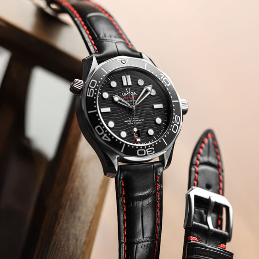 Carolina Gator Print Genuine Leather Watch Strap - Black / Red Stitching