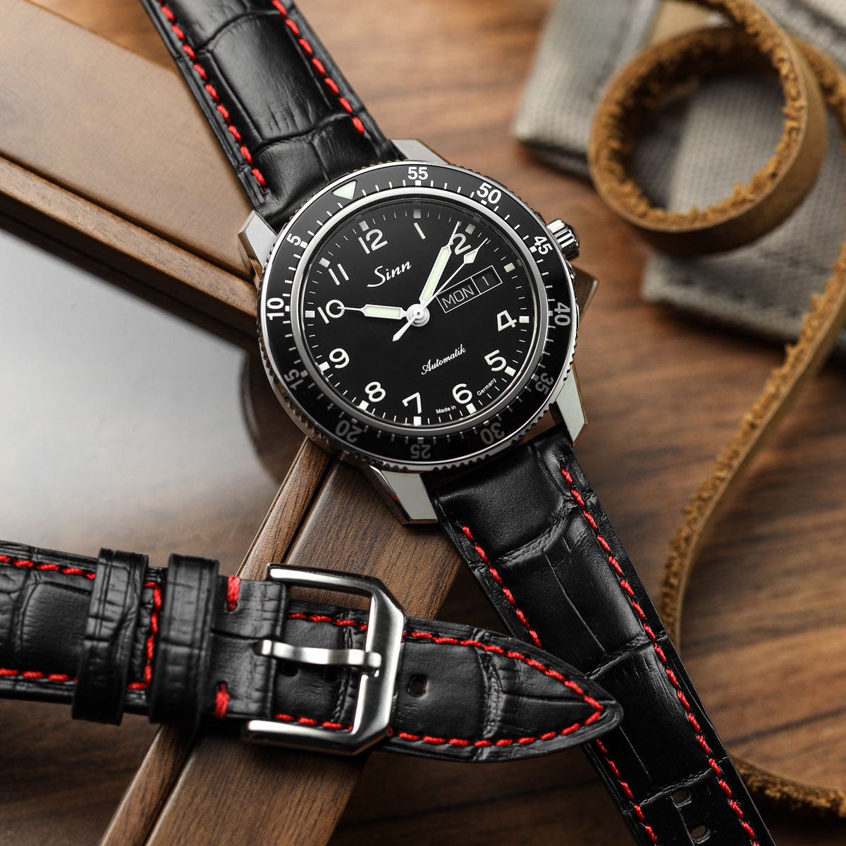 Carolina Gator Print Genuine Leather Watch Strap - Black / Red Stitching