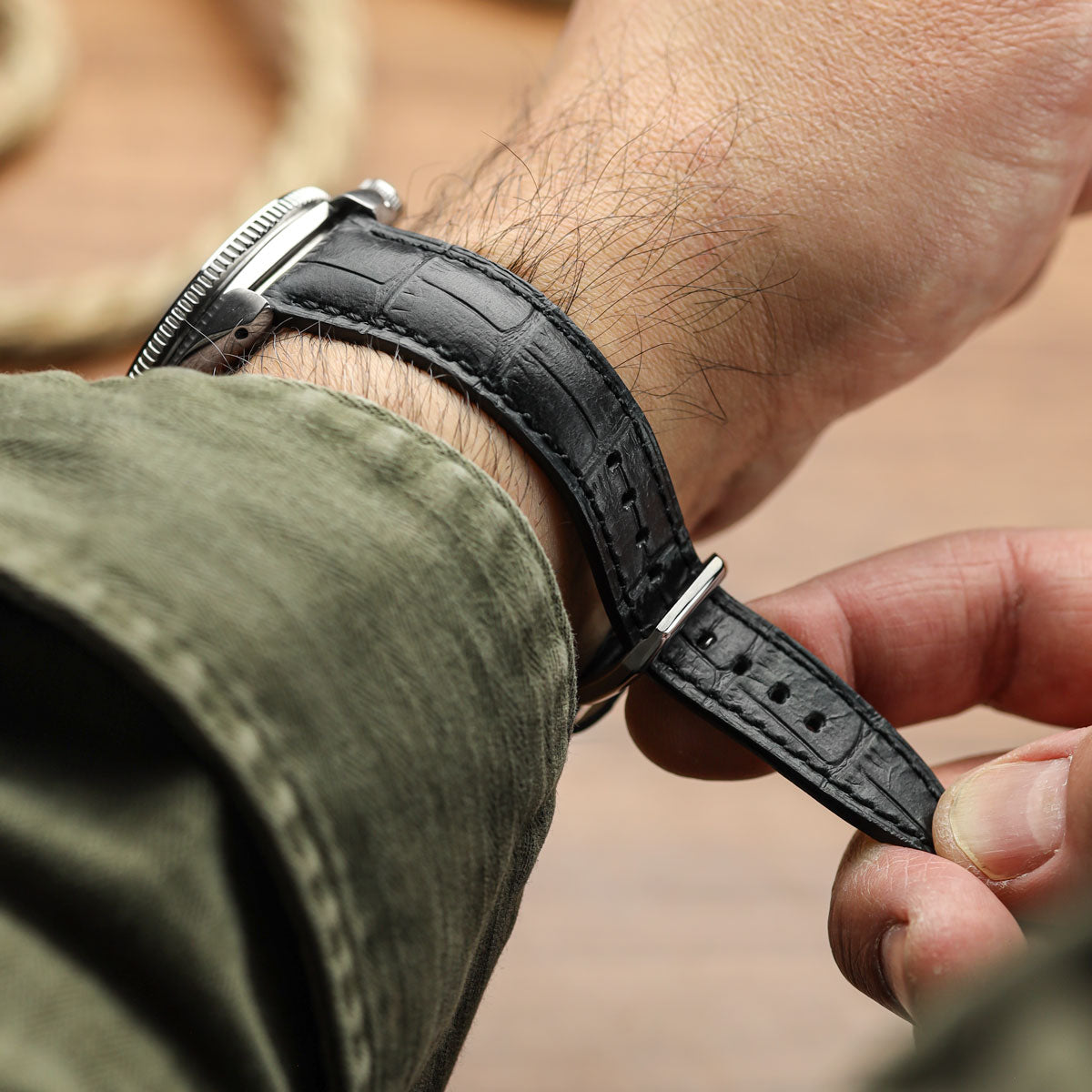 Carolina Gator Print Genuine Leather Watch Strap - Vintage Matt Black