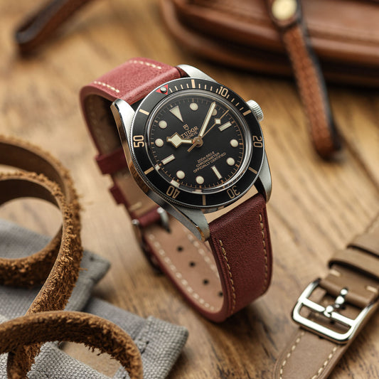 Brixham Special Buckle Vintage Leather Watch Strap - Burgundy on Tudor Black Bay 58