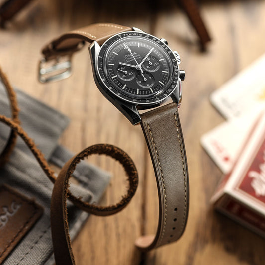 WatchGecko Brixham Special Buckle Vintage Leather Watch Strap - Medium Brown on Omega Speedmaster