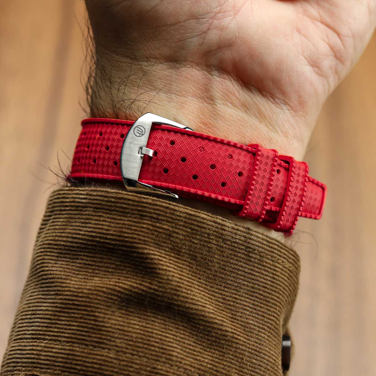 Vintage Style Perforated Rubber Watch Strap - Red