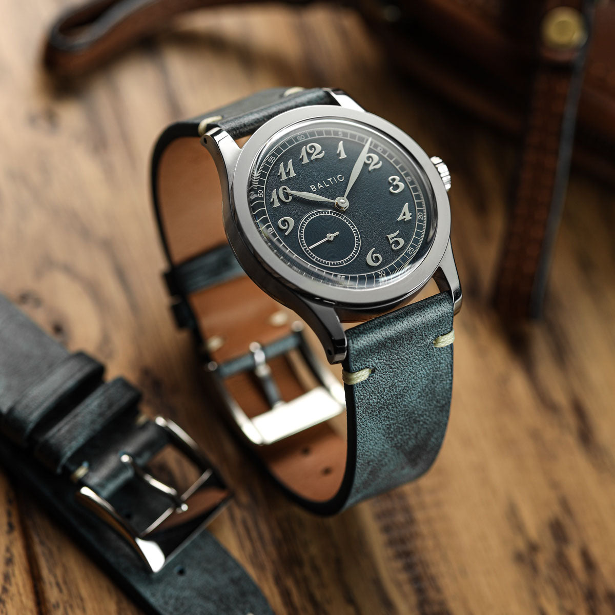 Vintage Stitching Patina Leather Watch Strap Blue Jeans