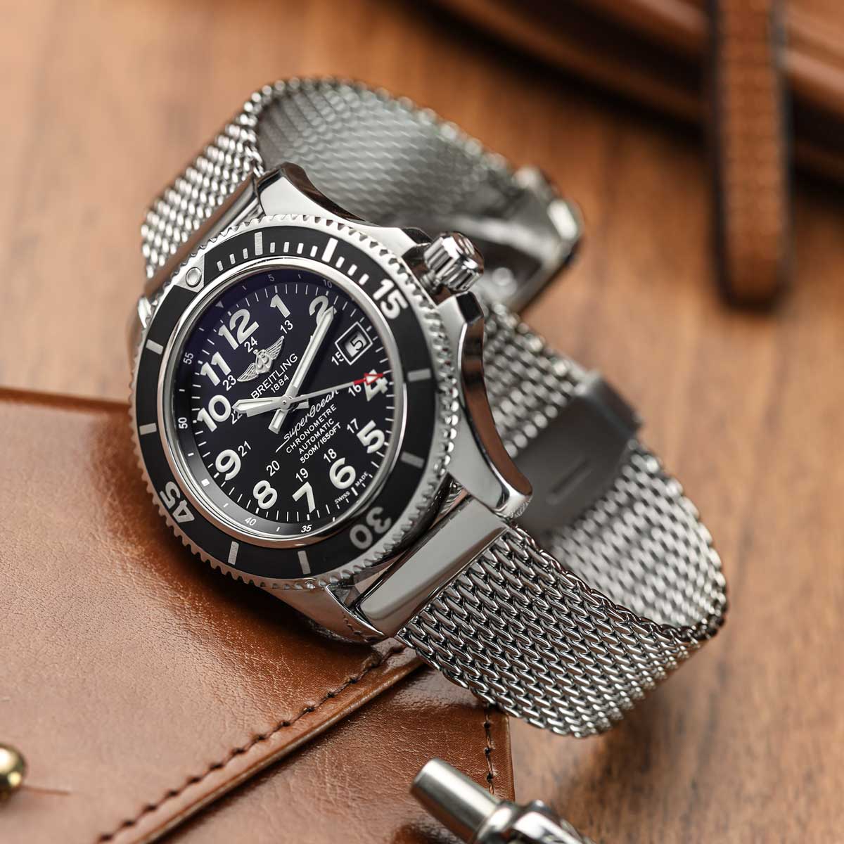 Milano Luxe Milanese Mesh Stainless Steel Watch Strap on Breitling SuperOcean